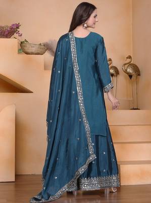 teal silk blend  embroidered sequins palazzo suit festive wear 4