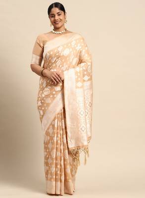 Ethnic motifs zari linen blend banarasi saree 2