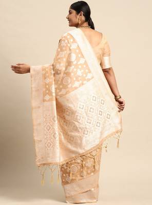 Ethnic motifs zari linen blend banarasi saree 3