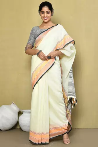 Striped border pure linen saree