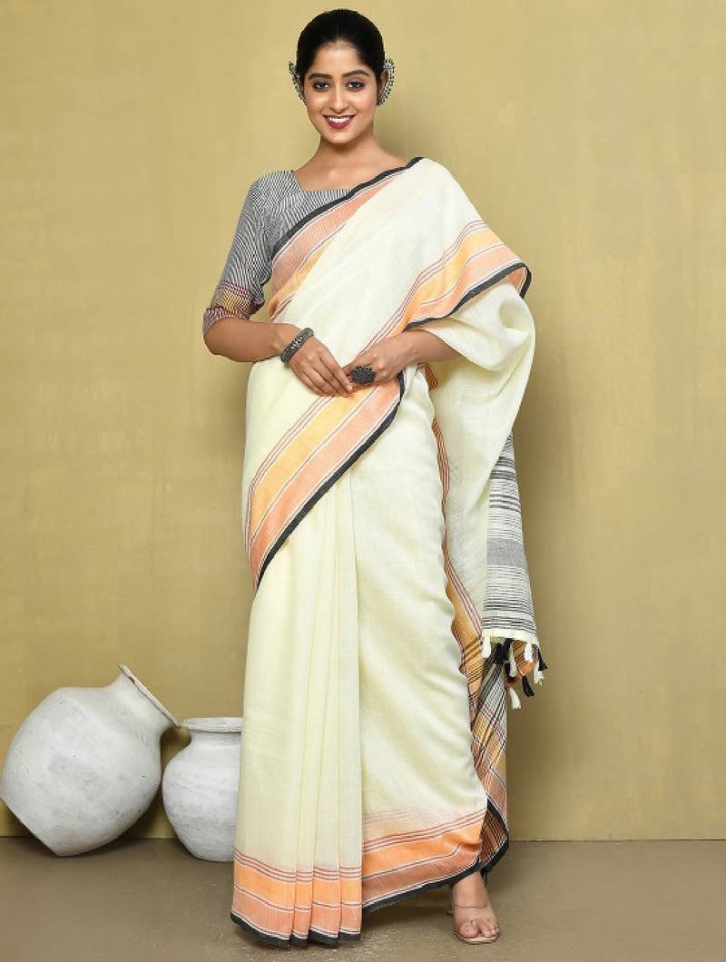 Striped border pure linen saree
