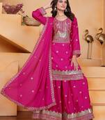 rani pink chiffon embroidered palazzo suit with dupatta
