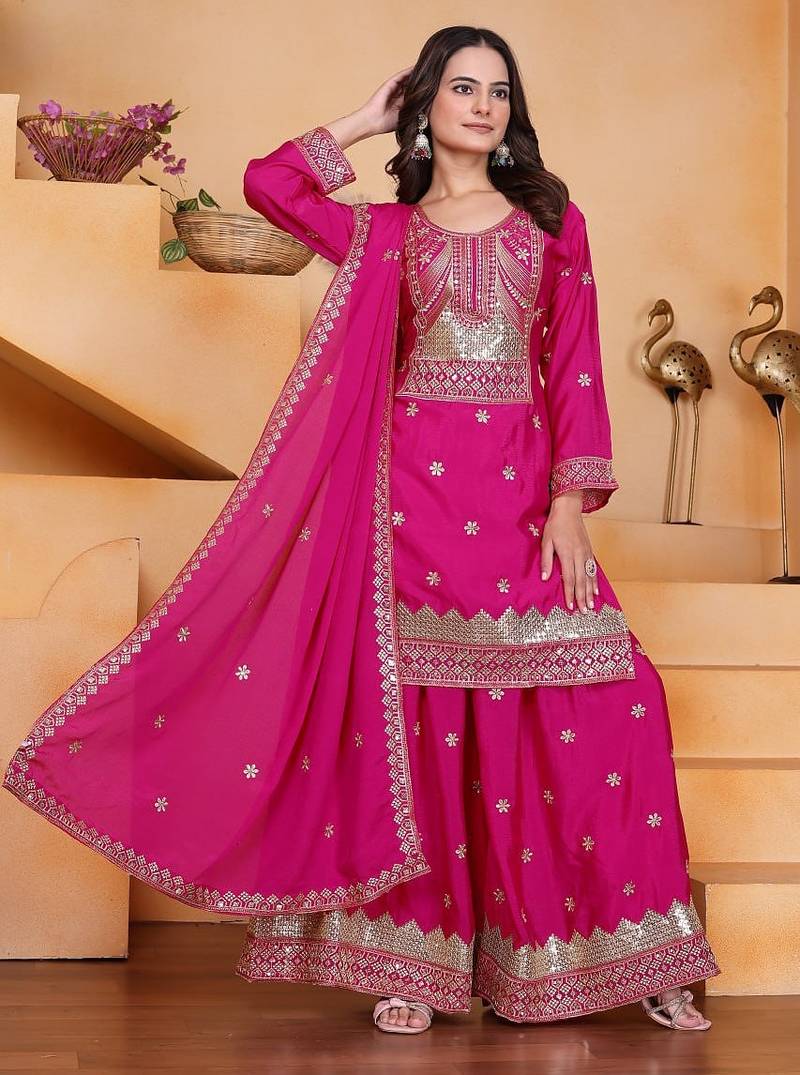 rani pink chiffon embroidered palazzo suit with dupatta