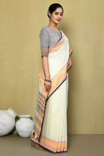 Striped border pure linen saree