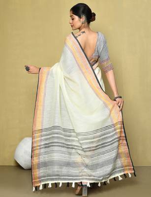 Striped border pure linen saree 3