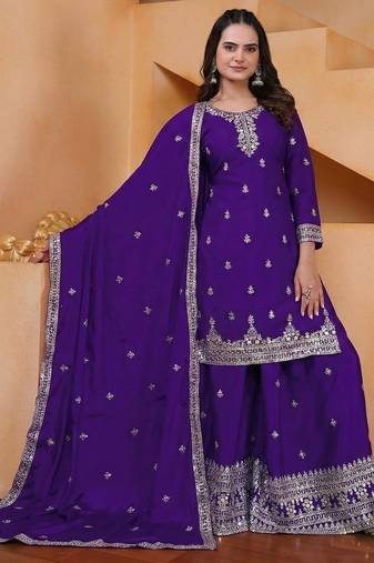 purple designer silk blend  embroidery sharara suit set and dupatta for women's