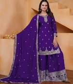 purple designer silk blend  embroidery sharara suit set and dupatta for women's