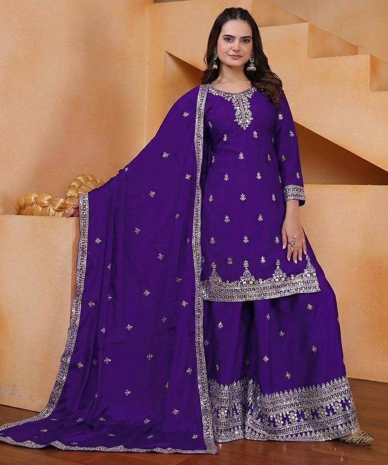 purple designer silk blend  embroidery sharara suit set and dupatta for women's