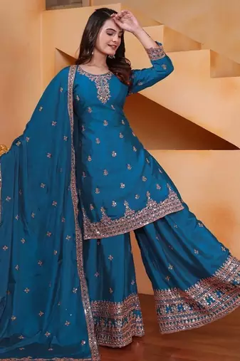 teal  blue designer silk blend  embroidery sharara suit set and dupatta for women's
