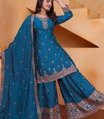 teal  blue designer silk blend  embroidery sharara suit set and dupatta for women's