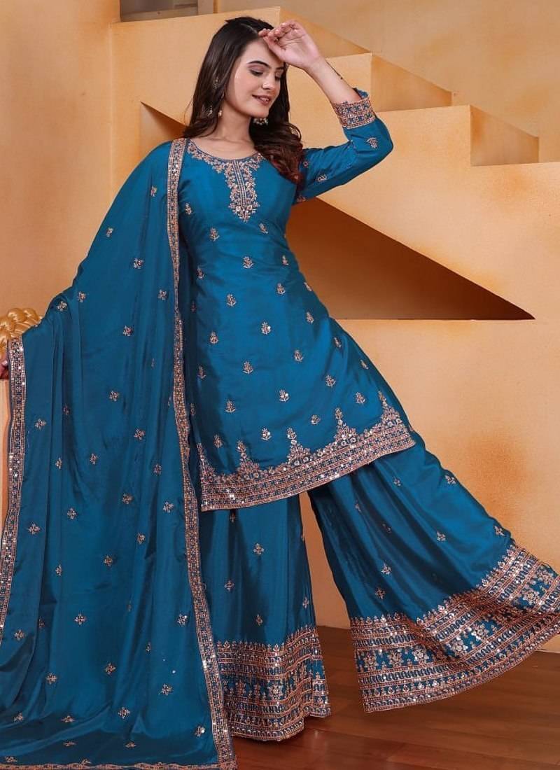 teal  blue designer silk blend  embroidery sharara suit set and dupatta for women's