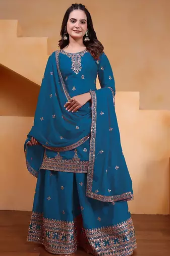 teal  blue designer silk blend  embroidery sharara suit set and dupatta for women's