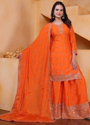 orange  designer silk blend  embroidery sharara suit set and dupatta for women's 1