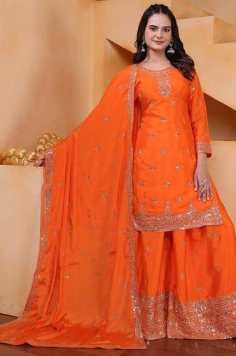 orange  designer silk blend  embroidery sharara suit set and dupatta for women's
