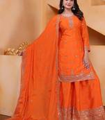 orange  designer silk blend  embroidery sharara suit set and dupatta for women's