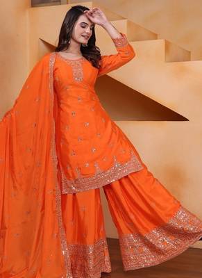 orange  designer silk blend  embroidery sharara suit set and dupatta for women's 2