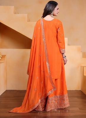 orange  designer silk blend  embroidery sharara suit set and dupatta for women's 3