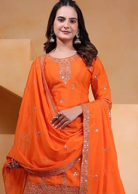orange  designer silk blend  embroidery sharara suit set and dupatta for women's 4