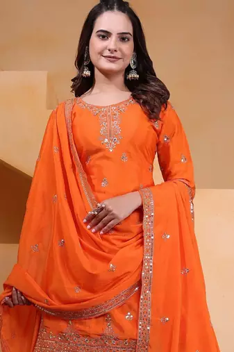 orange  designer silk blend  embroidery sharara suit set and dupatta for women's