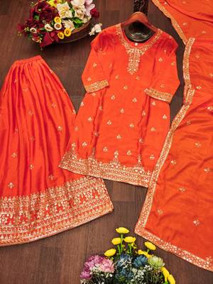 orange  designer silk blend  embroidery sharara suit set and dupatta for women's 5