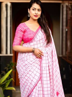 Checked pure linen saree 2