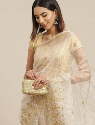 Off white & golden checked embroidered organza saree 1