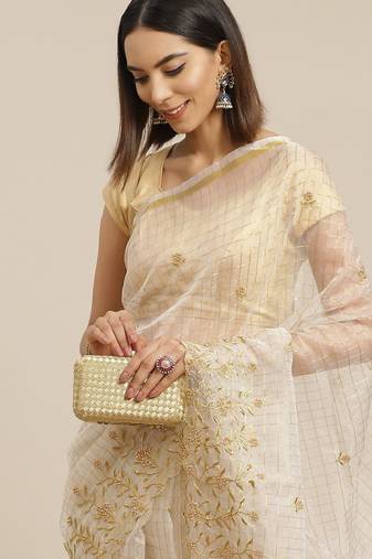 Off white & golden checked embroidered organza saree