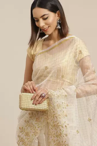 Off white & golden checked embroidered organza saree