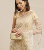 Off white & golden checked embroidered organza saree