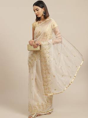 Off white & golden checked embroidered organza saree 2