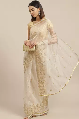 Off white & golden checked embroidered organza saree