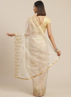 Off white & golden checked embroidered organza saree 3