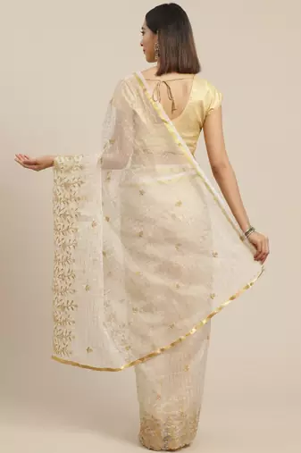 Off white & golden checked embroidered organza saree