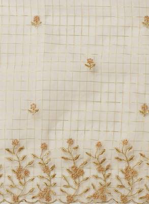 Off white & golden checked embroidered organza saree 4