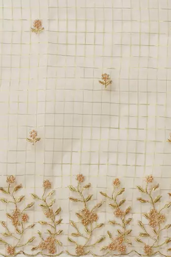 Off white & golden checked embroidered organza saree