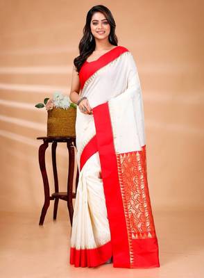 Geometric woven design zari pure cotton kanjeevaram saree 1