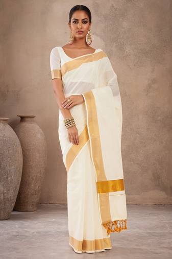 Off white & gold-toned zari pure cotton kasavu saree