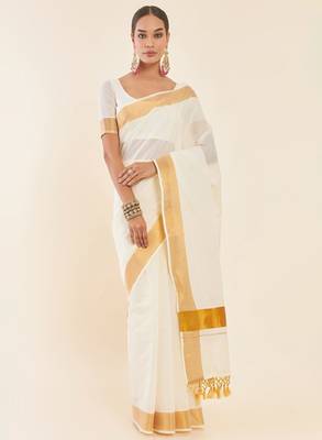 Off white & gold-toned zari pure cotton kasavu saree 2