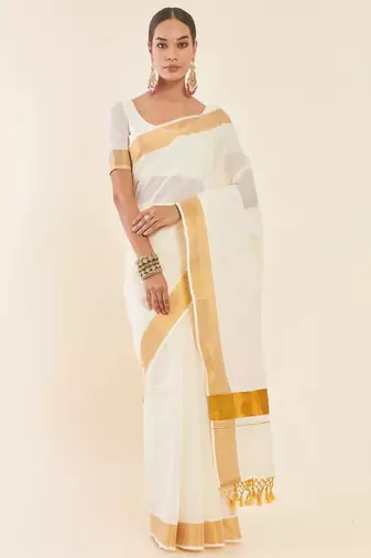 Off white & gold-toned zari pure cotton kasavu saree