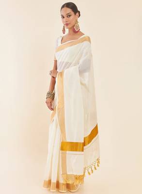 Off white & gold-toned zari pure cotton kasavu saree 3