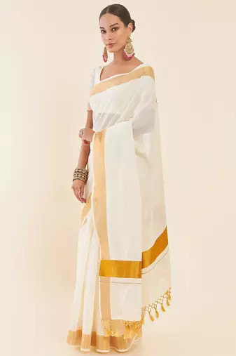 Off white & gold-toned zari pure cotton kasavu saree