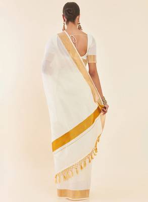 Off white & gold-toned zari pure cotton kasavu saree 4