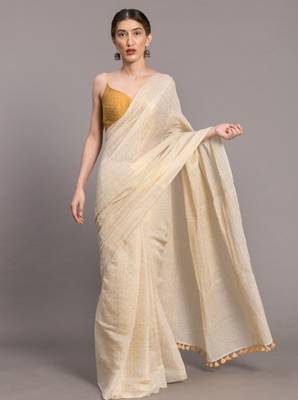 White & gold-toned ethnic motifs zari saree 1