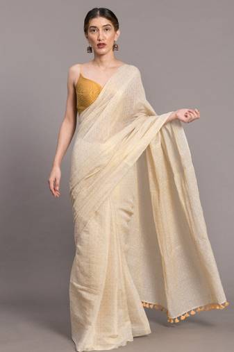 White & gold-toned ethnic motifs zari saree