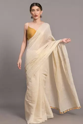 White & gold-toned ethnic motifs zari saree
