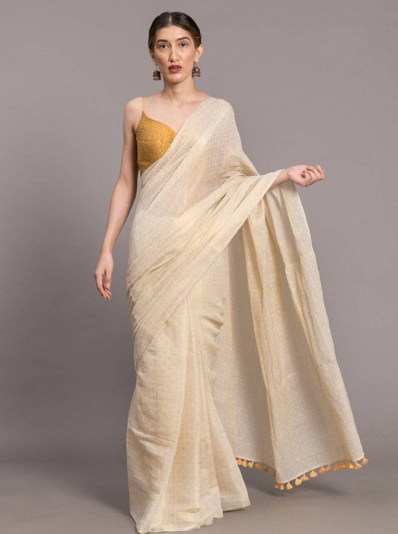 White & gold-toned ethnic motifs zari saree