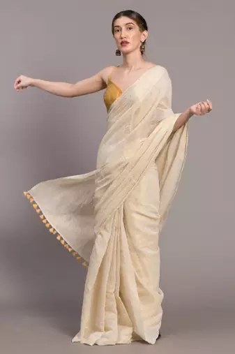 White & gold-toned ethnic motifs zari saree