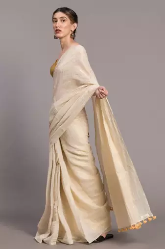 White & gold-toned ethnic motifs zari saree