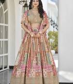 BEIGE CHINNON SILK DIGITAL PRINT & ZARI DORI EMBROIDERED STITCHED LEHENGA CHOLI