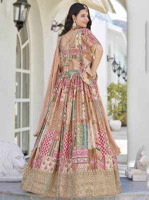 BEIGE CHINNON SILK DIGITAL PRINT & ZARI DORI EMBROIDERED STITCHED LEHENGA CHOLI 3